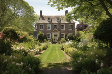 colonial house, with view of manicured lawn and rose garden, created with generative aiの素材