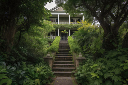 colonial house with grand staircase leading to porch, surrounded by lush greenery, created with generative aiの素材