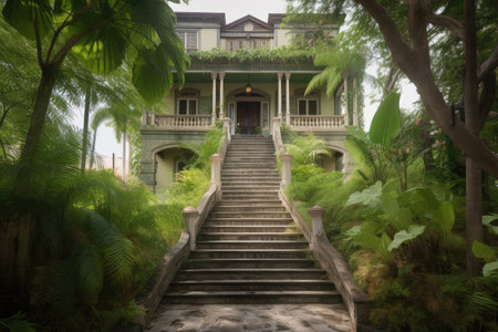 colonial house with grand staircase leading to porch, surrounded by lush greenery, created with generative aiの素材