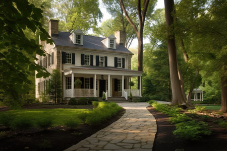 colonial house with wraparound porch, shady trees and a stone walkway, created with generative aiの素材