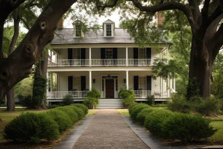 colonial house with wraparound porch, shady trees and a stone walkway, created with generative aiの素材