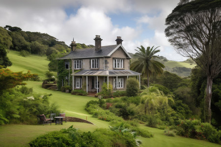 colonial house surrounded by lush landscape with rolling hills, created with generative aiの素材