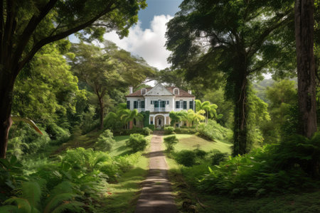 colonial house surrounded by lush landscape with rolling hills, created with generative aiの素材
