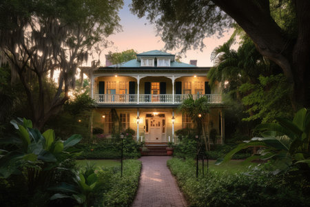 colonial house with wrap-around porch and lanterns, surrounded by lush greenery, created with generative aiの素材