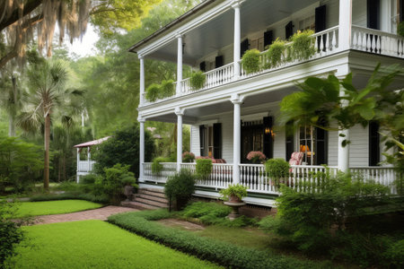 colonial house with wrap-around porch and lanterns, surrounded by lush greenery, created with generative aiの素材