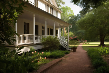 an exterior of a colonial house, with the view of the front porch and garden visible, created with generative aiの素材