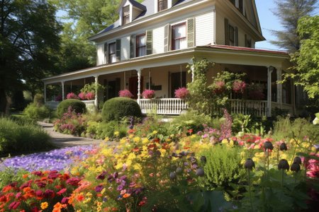 colonial house with wrap-around porch and garden, surrounded by blooming flowers, created with generative aiの素材