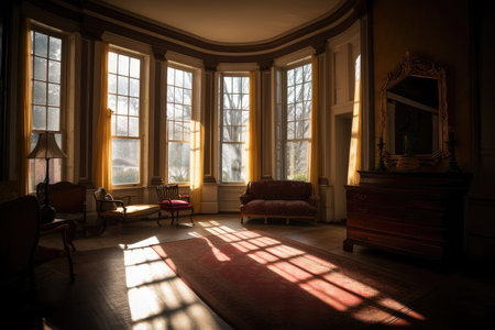 sunlight streams through the windows of grand colonial manse, illuminating interior, created with generative aiの素材