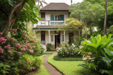 colonial house with lush garden, including blooming flowers and green foliage, created with generative aiの素材