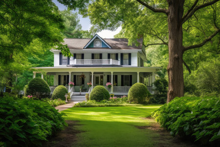 colonial house with wrap-around porch, surrounded by lush greenery, created with generative aiの素材
