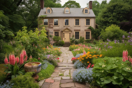 colonial house, with backyard garden and stone walkway, surrounded by blooming flowers, created with generative aiの素材