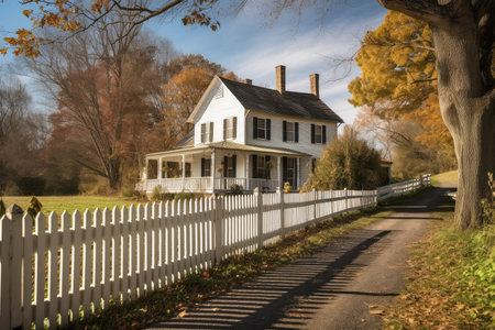 colonial house with wrap-around porch and white picket fence, in rural setting, created with generative aiの素材
