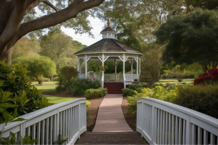 boardwalk and gazebo on the grounds of colonial manor, surrounded by peaceful gardens, created with generative aiの素材