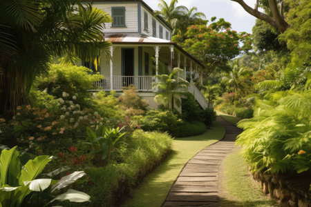 exterior of colonial house, with view of lush garden and winding paths, created with generative aiの素材