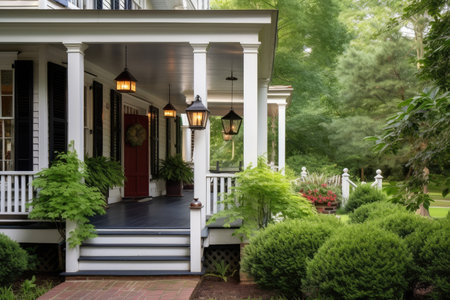 colonial house exterior with wooden porch and lanterns, surrounded by greenery, created with generative aiの素材