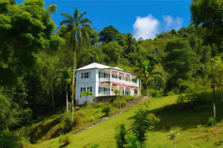 colonial house, with view of the surrounding landscape, surrounded by greenery, created with generative aiの素材