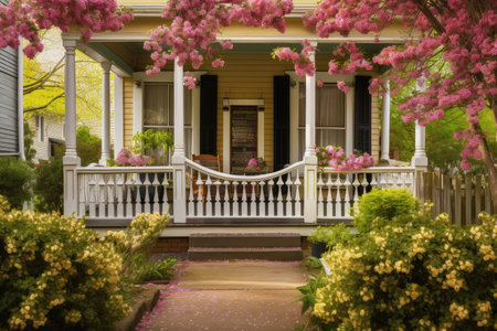colonial house exterior with blooming flowers and wooden porch in spring, created with generative aiの素材