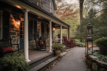 colonial house with wrap-around porch, lanterns and rocking chair, created with generative aiの素材
