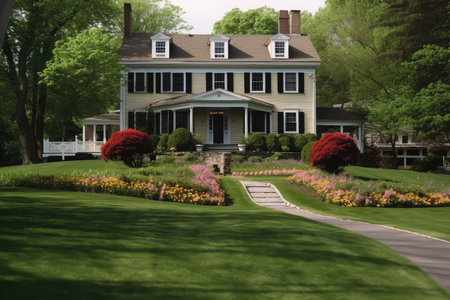 colonial house exterior, with view of manicured lawn and flowerbeds, created with generative aiの素材