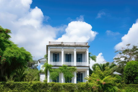 a colonial house, set against a blue sky with white clouds, surrounded by greenery, created with generative aiの素材
