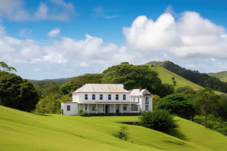 colonial house, surrounded by vast rolling hills and blue skies, created with generative aiの素材