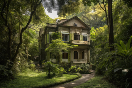 colonial house surrounded by lush gardens and towering trees, created with generative aiの素材