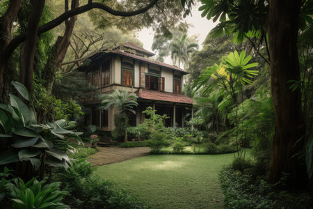 colonial house surrounded by lush gardens and towering trees, created with generative aiの素材