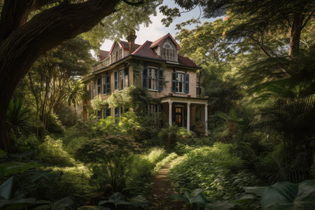 colonial house surrounded by lush gardens and towering trees, created with generative aiの素材