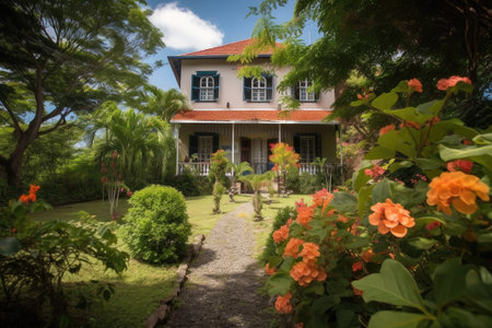 colonial house, surrounded by lush greenery and blooming flowers in the summer months, created with generative aiの素材