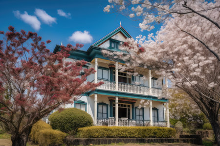 colonial house, with view of garden and blooming cherry trees, against the backdrop of blue sky, created with generative aiの素材