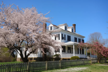 colonial house, with view of garden and blooming cherry trees, against the backdrop of blue sky, created with generative aiの素材