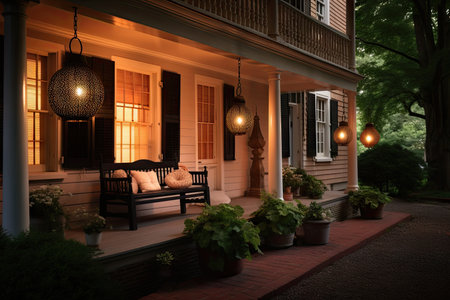 colonial house exterior with porch swing and hanging lanterns, on a warm summer evening, created with generative aiの素材