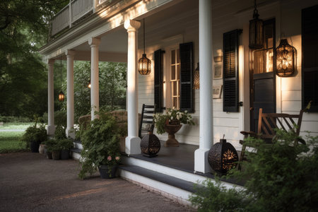 colonial house exterior with porch swing and hanging lanterns, on a warm summer evening, created with generative aiの素材