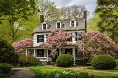 colonial house with wrap-around porch, surrounded by blooming flowers and trees, created with generative aiの素材