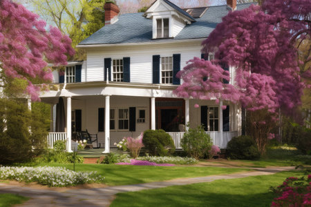 colonial house with wrap-around porch, surrounded by blooming flowers and trees, created with generative aiの素材