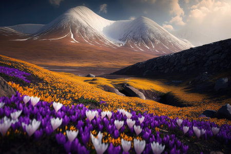 beautiful mountain landscape with carpet of crocus in bloom, created with generative aiの素材