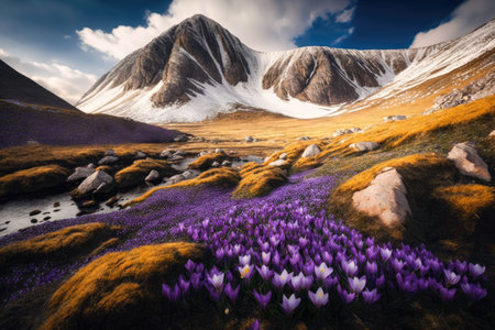 beautiful mountain landscape with carpet of crocus in bloom, created with generative aiの素材