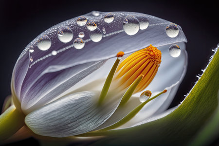 close-up of crocus bud, with dewdrop on the petal, created with generative aiの素材