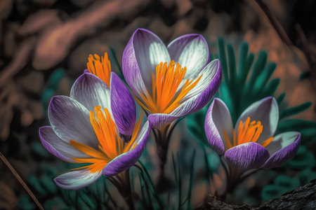 close-up of crocus blooms in a forest setting, created with generative aiの素材