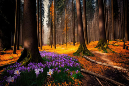forest with colorful crocus blooming among the trees, created with generative aiの素材