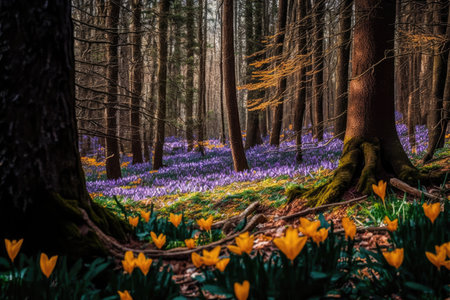 forest with colorful crocus blooming among the trees, created with generative aiの素材