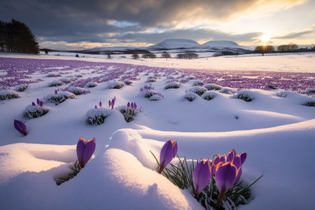 snow-covered crocus field, with view of rolling hills, created with generative aiの素材