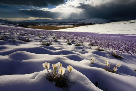 snow-covered crocus field, with view of rolling hills, created with generative aiの素材