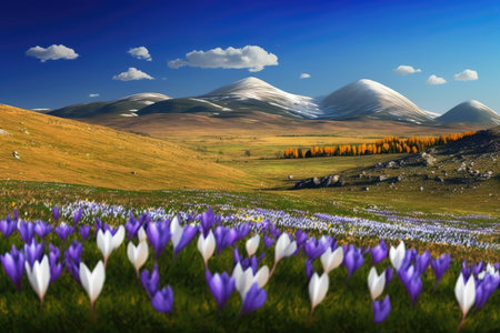 springtime crocus field, with rolling hills and blue sky in the background, created with generative aiの素材
