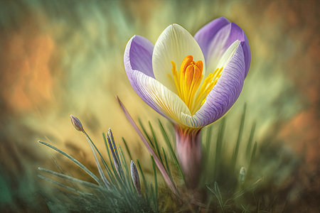 pastel-colored crocus blooming in a meadow, created with generative aiの素材