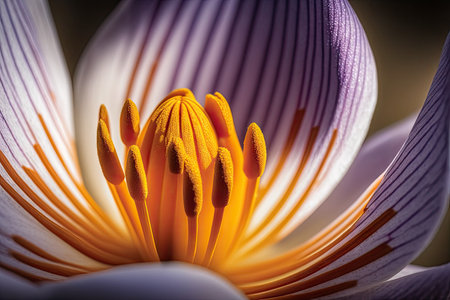 a close-up of a crocus flower, with its individual petals in full bloom, created with generative aiの素材
