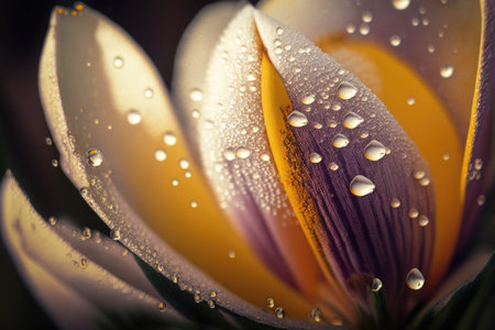 close-up of crocus flower, with dew drops on petals, created with generative aiの素材