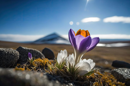 springtime, with crocus blooming in the foreground and blue sky visible beyond, created with generative aiの素材