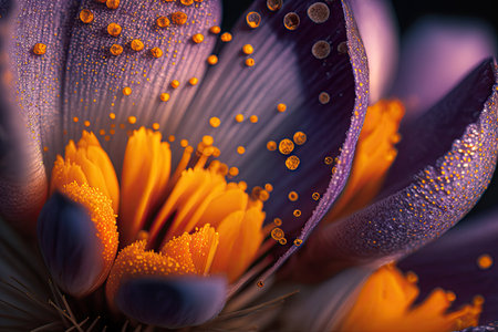 close-up of crocus blooms, with specks of pollen visible, created with generative aiの素材