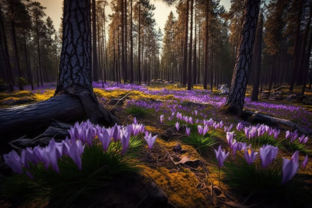 springtime, with crocus blooming in the forest, created with generative aiの素材